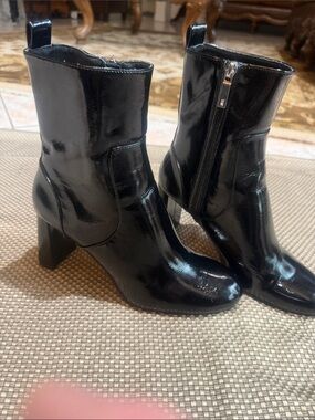 Zara Black Patent Mid-Calf Block Heel Ankle Boots